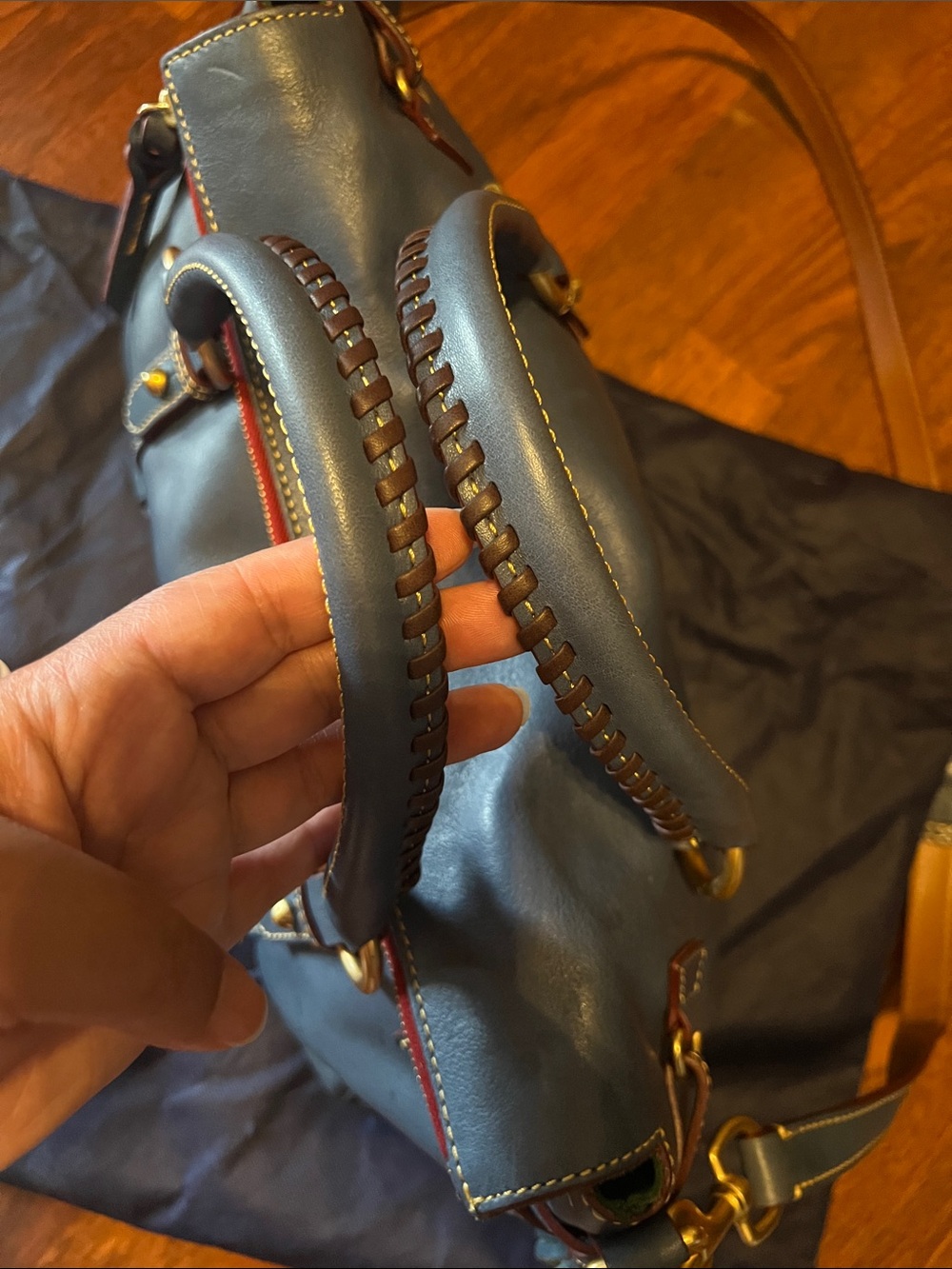 Dooney & Bourke Navy Leather Duffel with Tan Trim - Picture 3 of 8